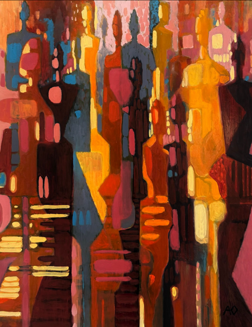 abstract painting with geometric and figure like shapes in reds, oranges yellows and blues