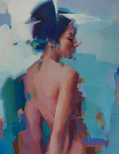 contemporary painting of a woman with her back and head turned the the right, pinks blues and a soft palette