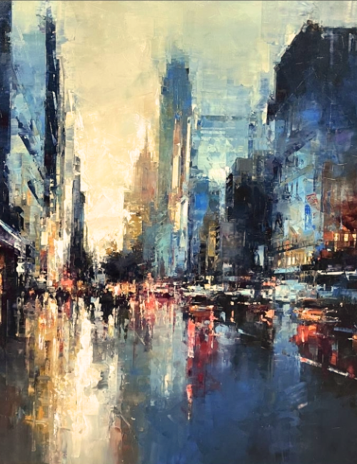modern depiction of NYC road with cars in traffic, atmospheric blues and golds