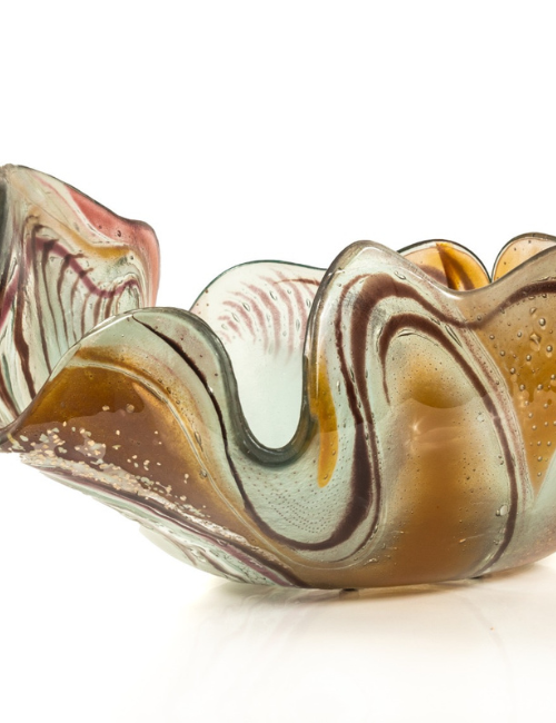 glass bowl with contemporaray swirls of amber pink and golds