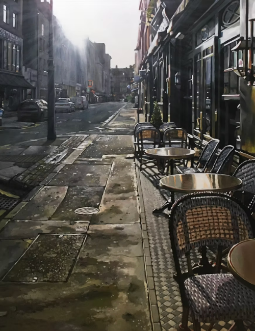 artist painting of a london street in soho in the morning before the rush, with the morning sun shining down onto the tables and chair