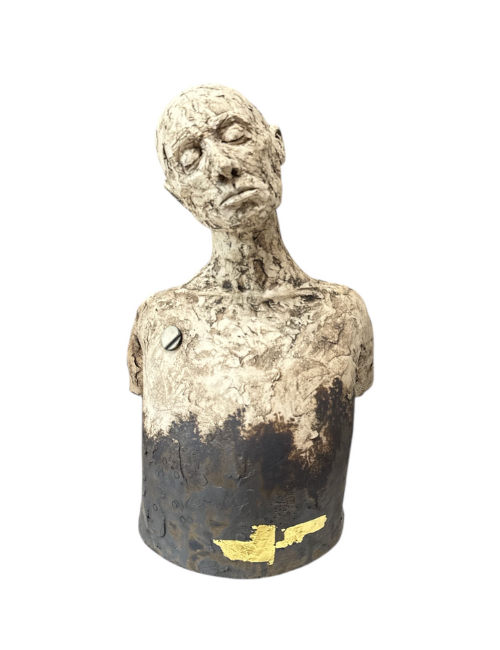 ceramic bust with a dark gradient from base and gold splash