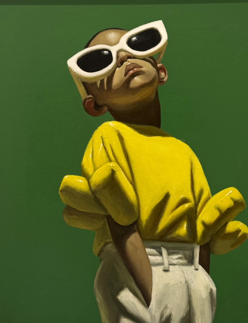 modern painting of a young boy in a stylish balloon like top looking up with his hands in his pockets and large sunglasses on his face