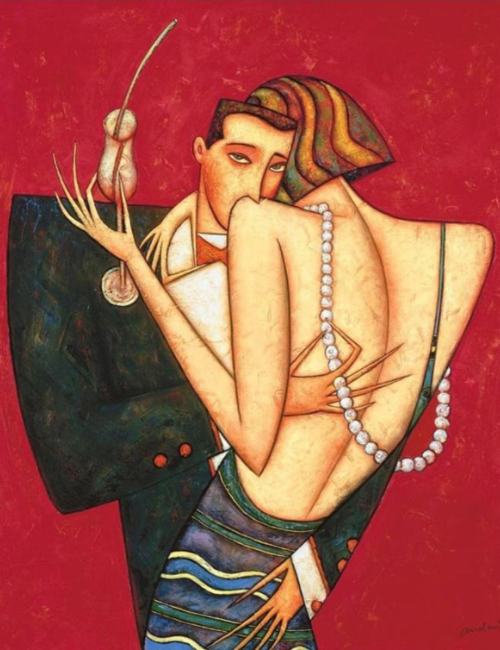 stylised painting of a couple in an embrace the woman's back is bare with a string of pearls draping down her back as the man holds one she also holds a champagne flute in her hand