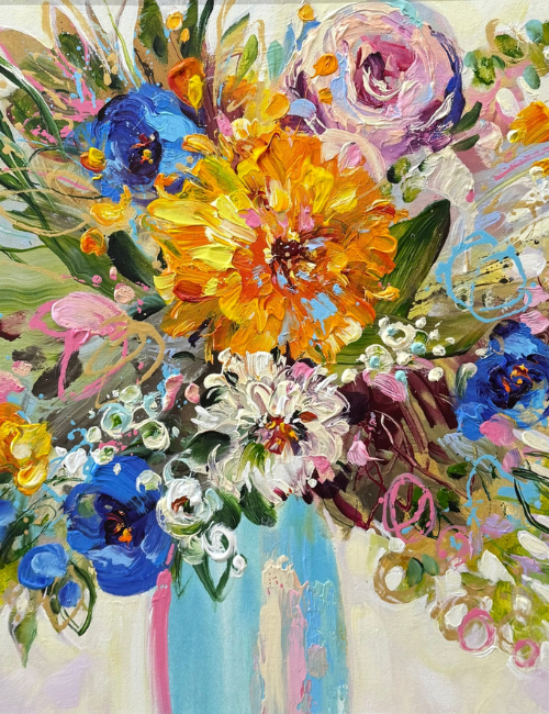 contemporary painting of a bouquet of flowers in a vase, yellow and blue flowers