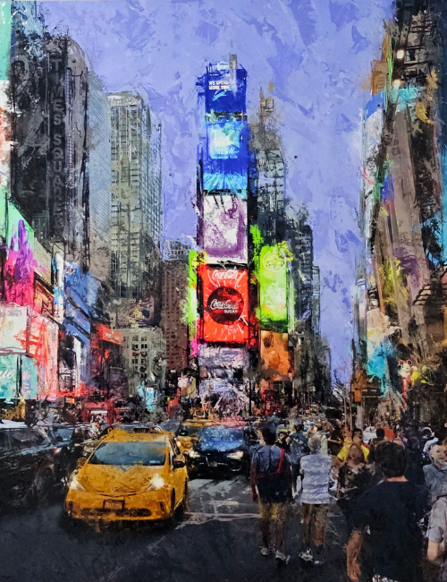 mixed media depiction of NYC times squares with an iconic yellow cab