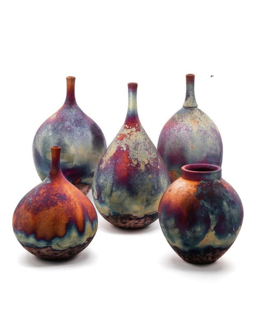 five copper raku ceramic pots all together, purples magentas and blues