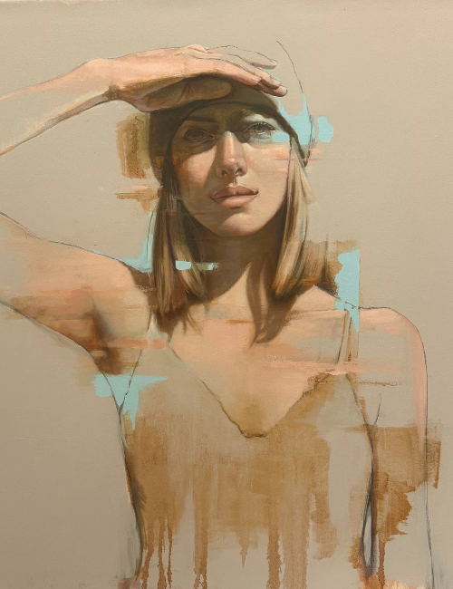 contemporary depiction of a woman in a swimming cap holding her hand over her eyes to block the sun