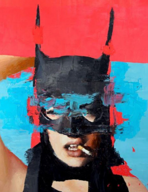 contemporary artist depiction of a woman wearing a batman mask with a cigarrette seductively hanging out her mouth against a pink and blue back ground