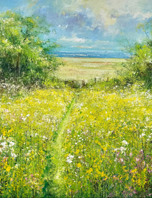 artist depiction of a long meadow filed and a path towards the sea