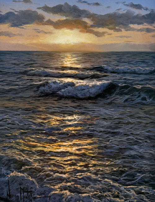 artsits depiction of sunlight settling across crashing waves