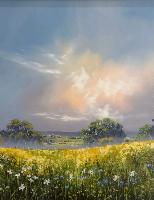 artist depiction of wildflower field with bright golds under a moody sky with a village and fields in the distance