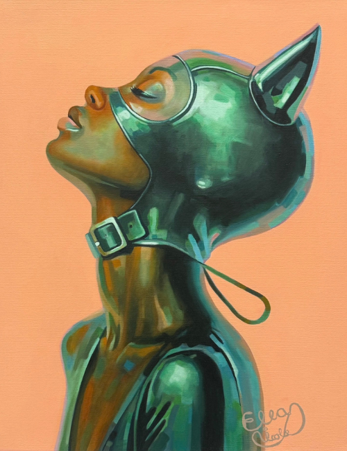modern painting of a woman in a black cat woman mask looking up with her eyes closed on a salmon pink background