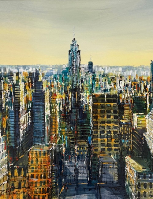 modern depiction of NYC with greens and yellows using inks and mixed media