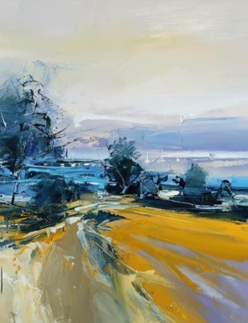 abstract landscape of a yellow field pushing back to a coast line