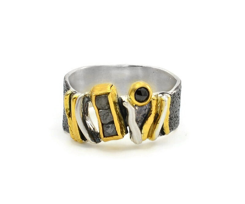Oxidised Silver & Gold with rough Diamond & Black Diamond