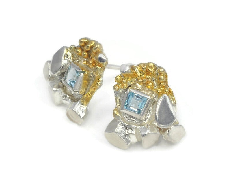 Organic style silver /Gold & Topaz Studs