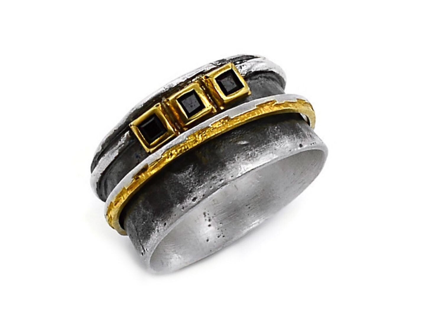 Spinning Ring Silver Gold & Spinel Stones