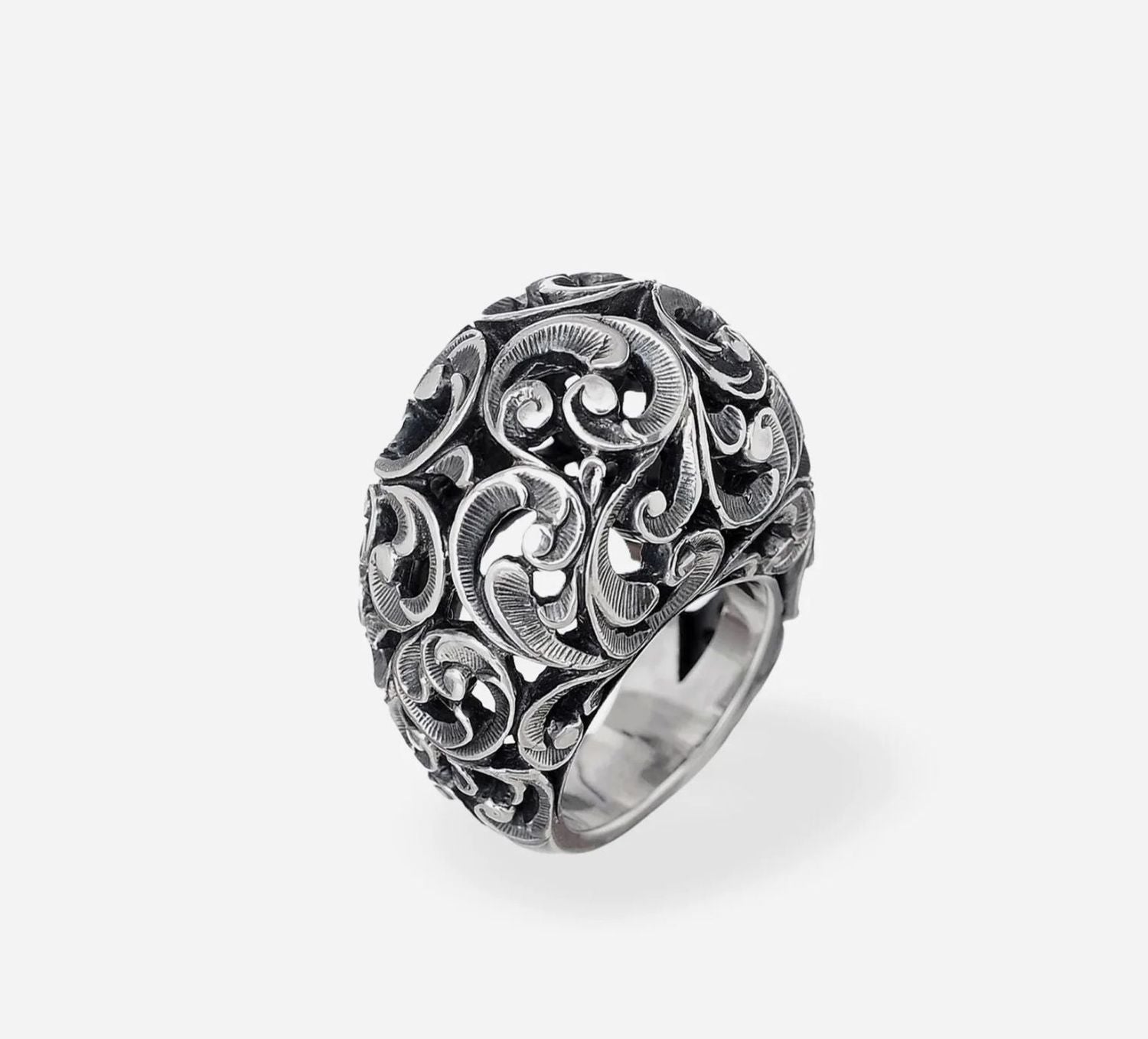 Elegant burnished silver carved ring