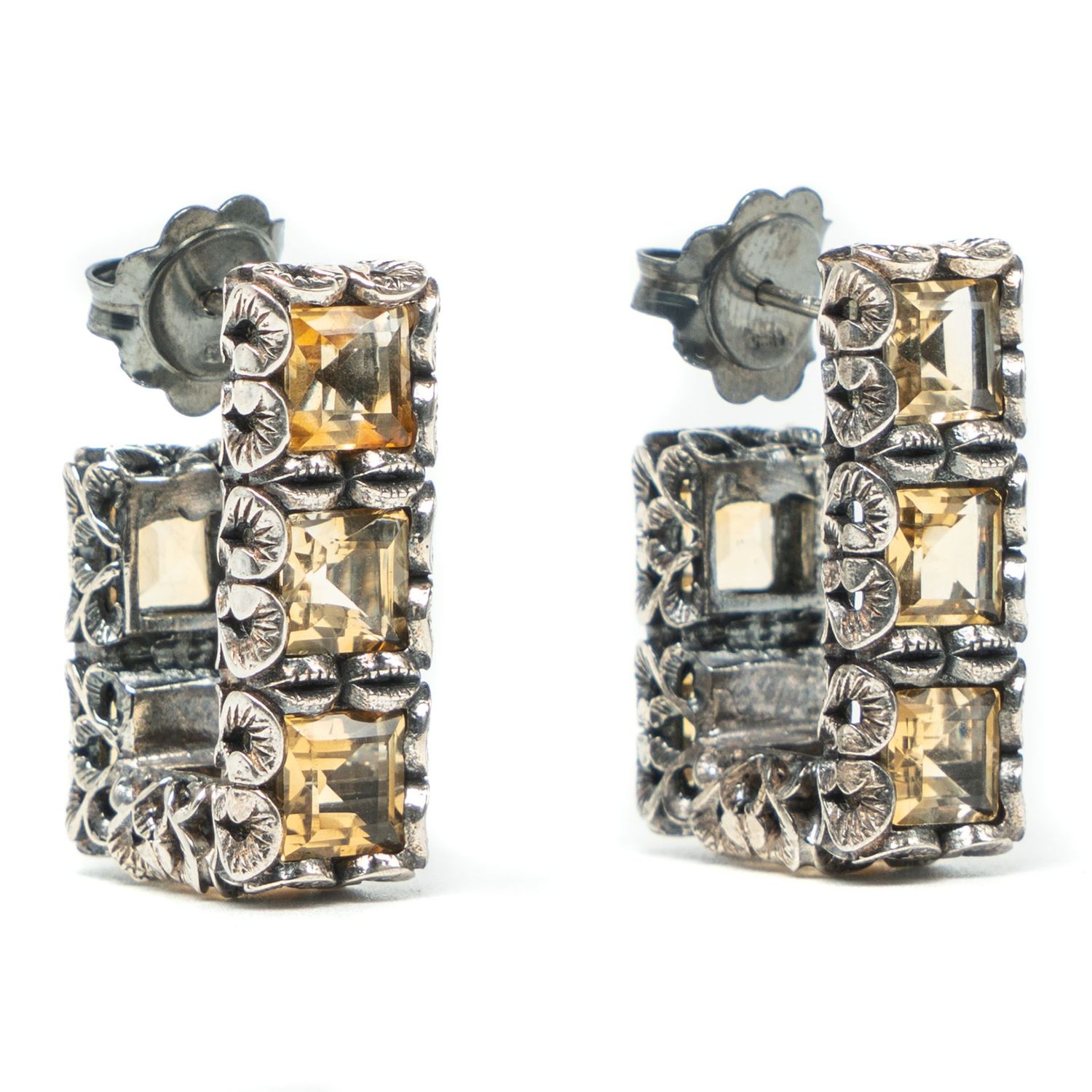 Carved Silver Earrings with Citrine