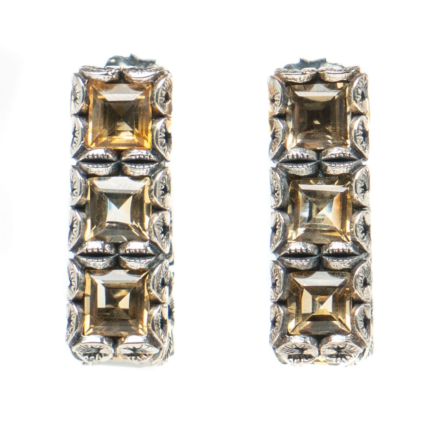 Carved Silver Earrings with Citrine