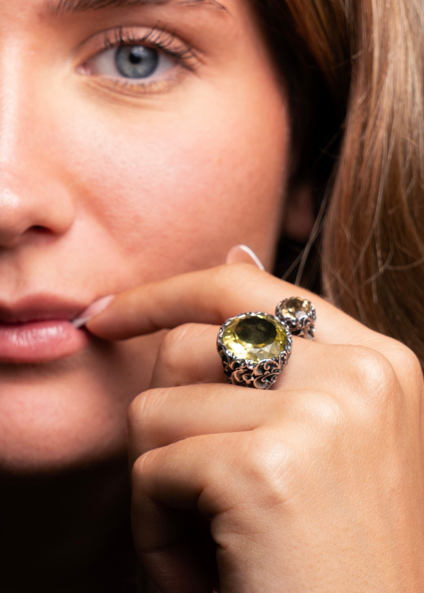 Maria e Luisa Lemon Stone & Citrine Statement Ring in Hand Engraved Sterling Silver