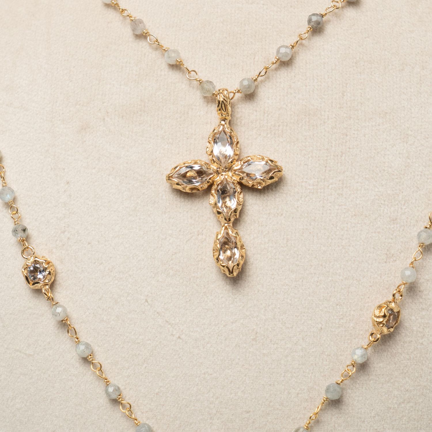 Layered cross necklace with crystals & labradorite stones