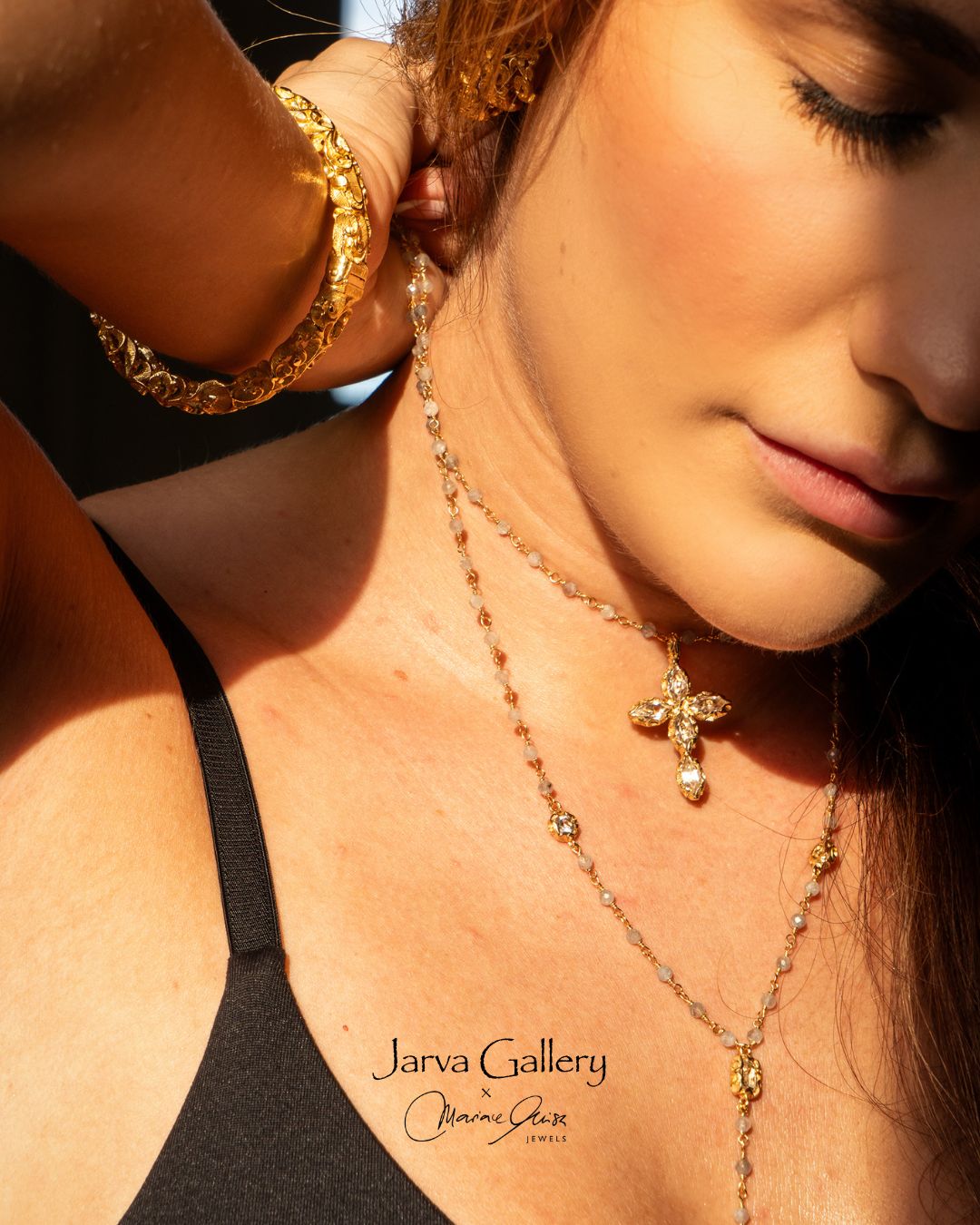 Layered cross necklace with crystals & labradorite stones