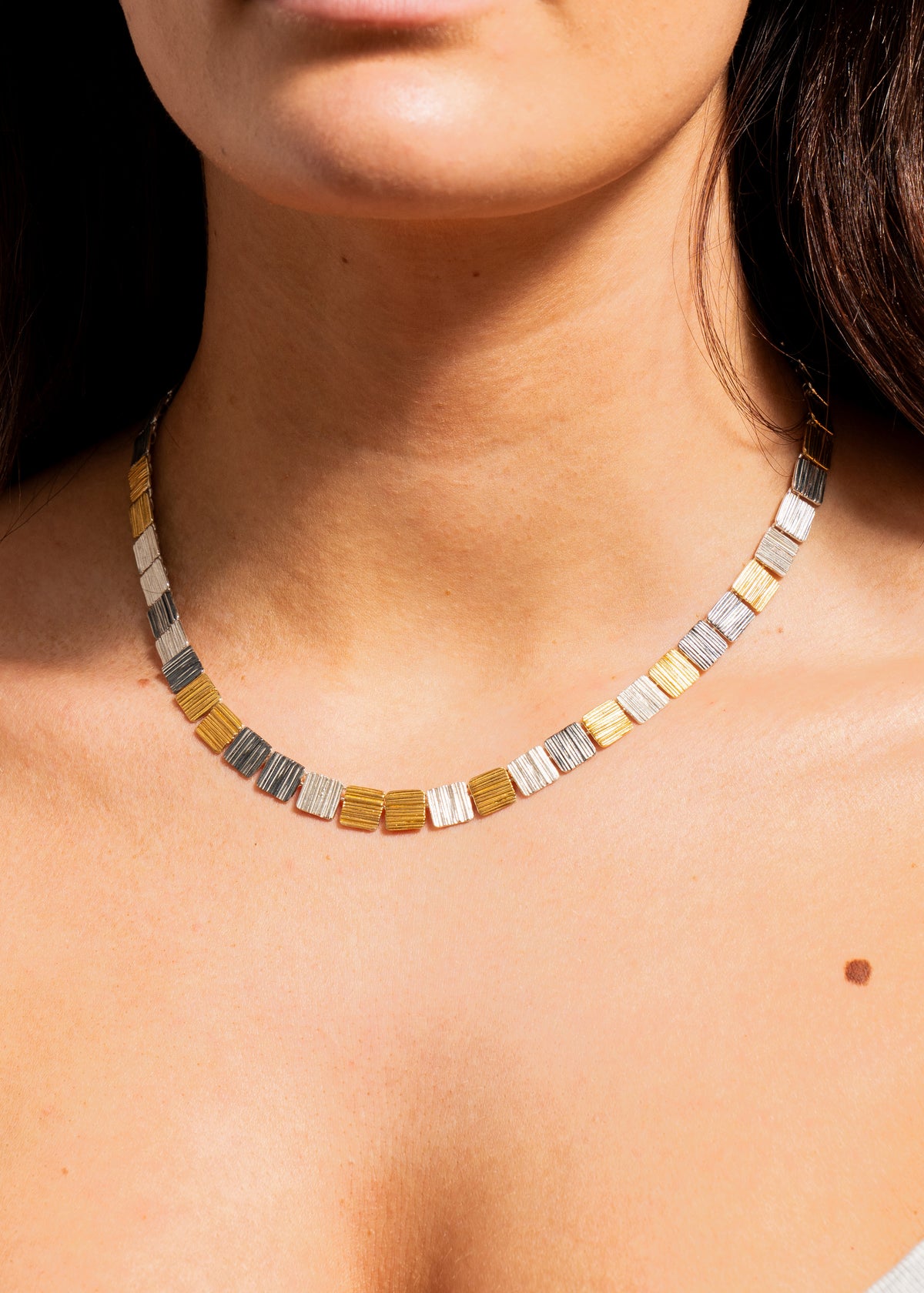 Contemporary Silver Gold & Oxidised Silver Necklace