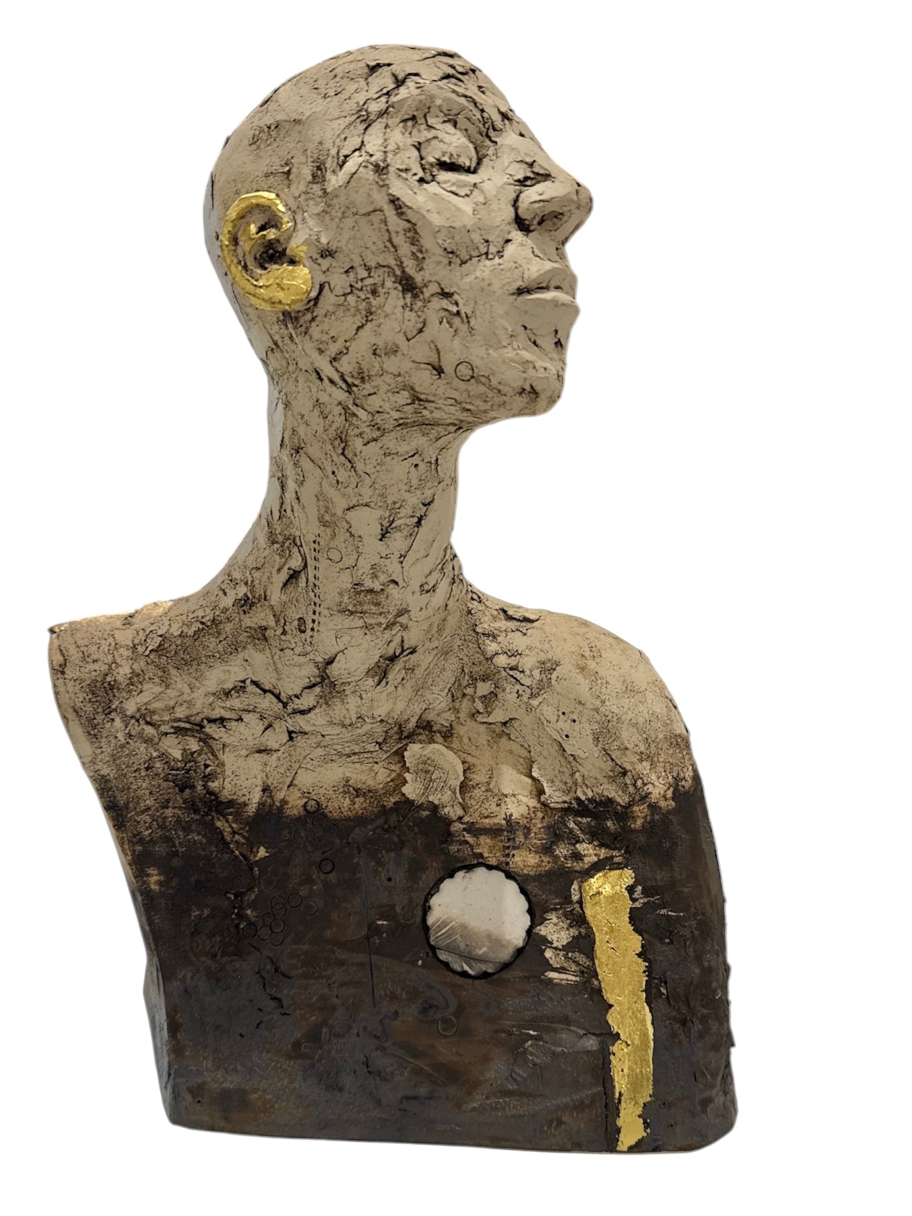 Clay bust sculpture with gold accents on a white background