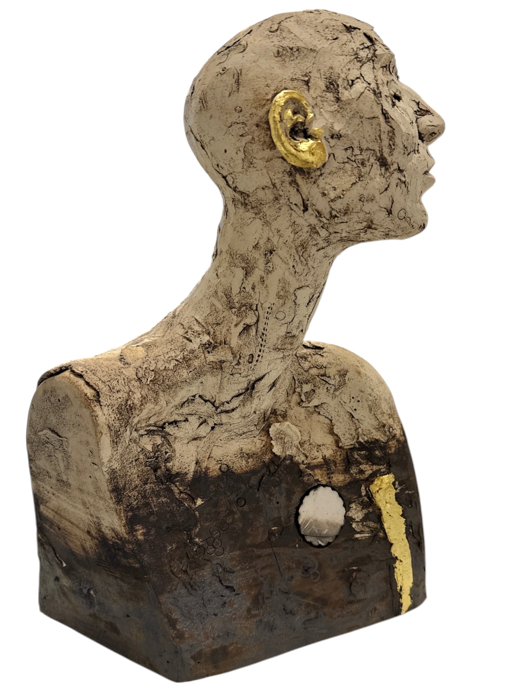 Artistic sculpture of a human bust with a gold earring on a white background