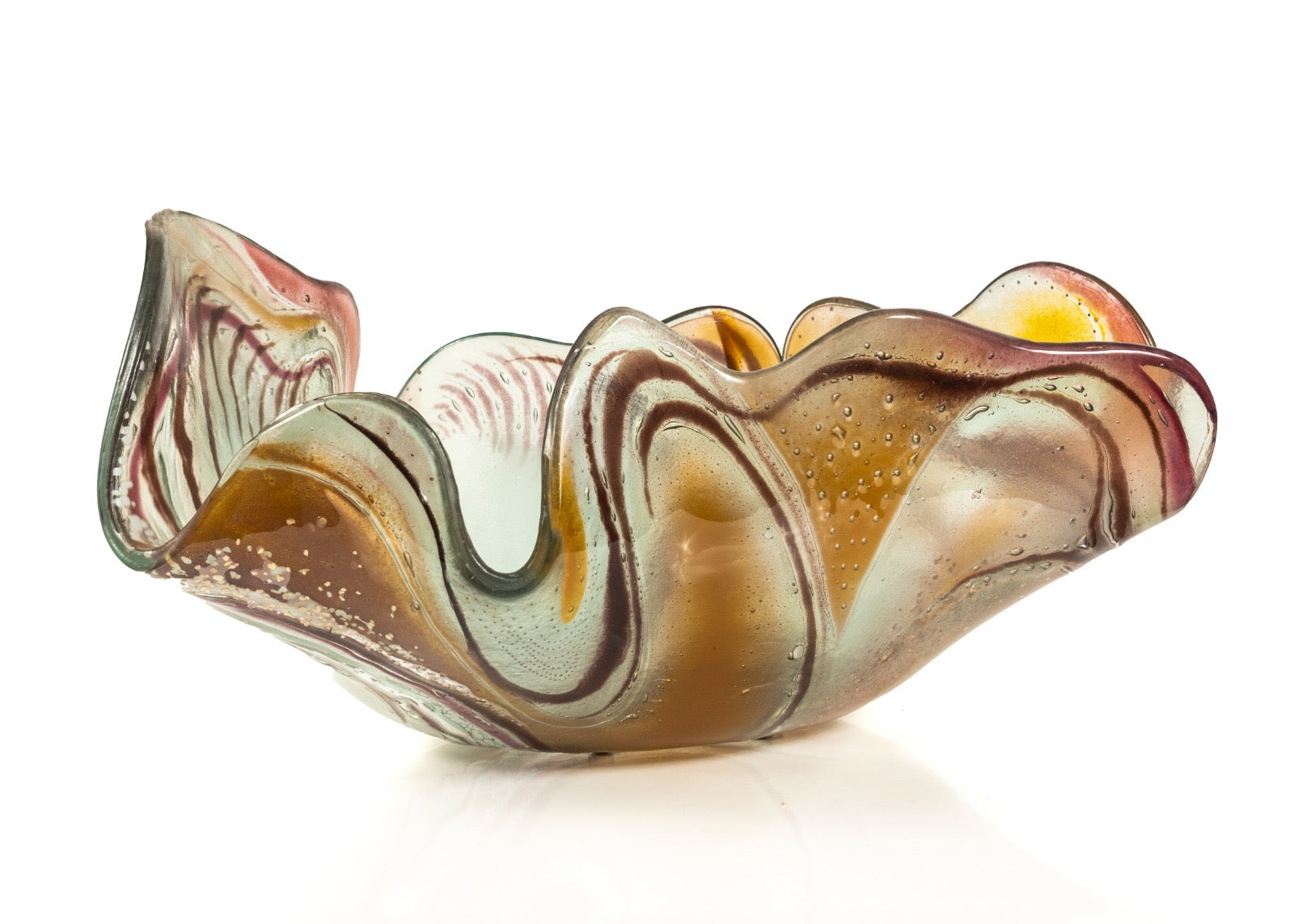 Glass bowl with wavy design and multicolored pattern on a white background