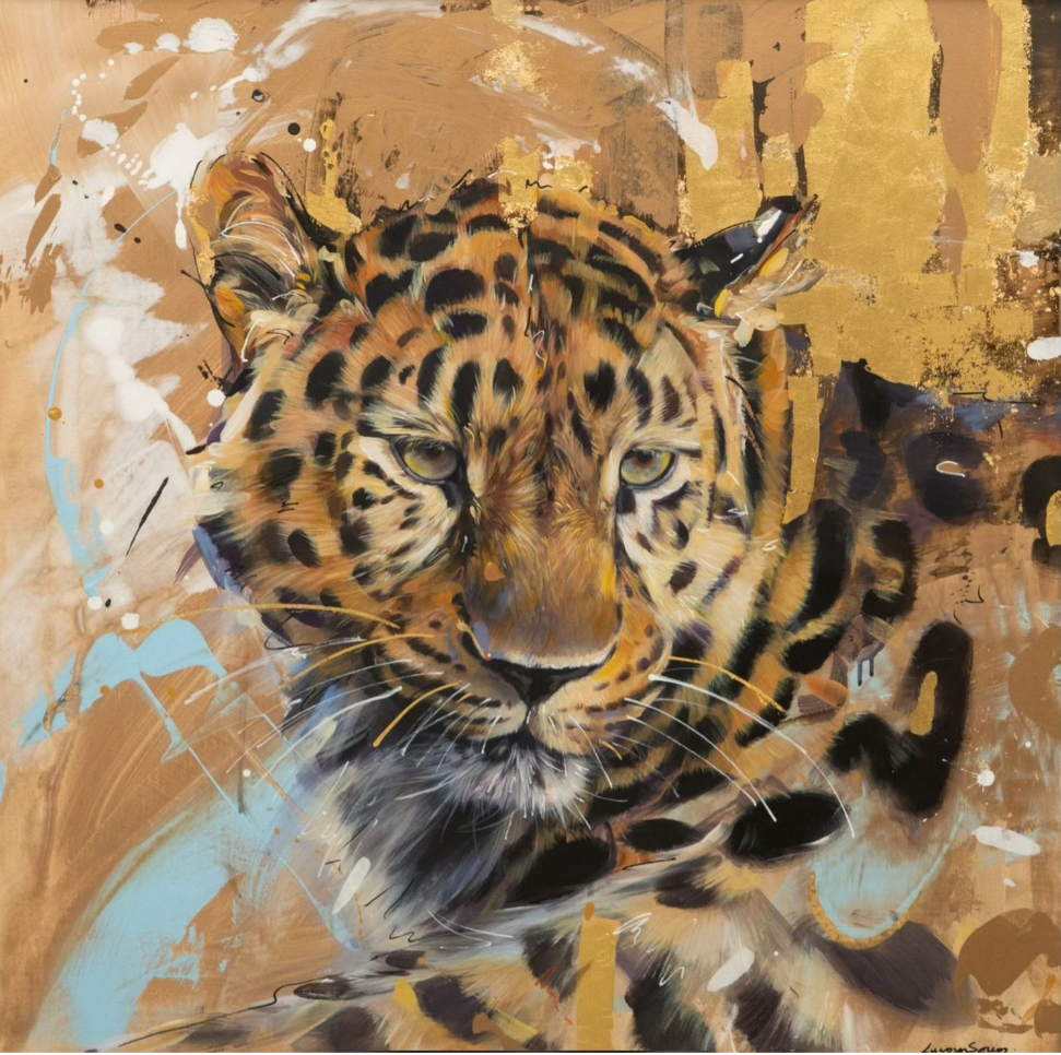 Artistic depiction of a leopard with abstract background and gold leaf