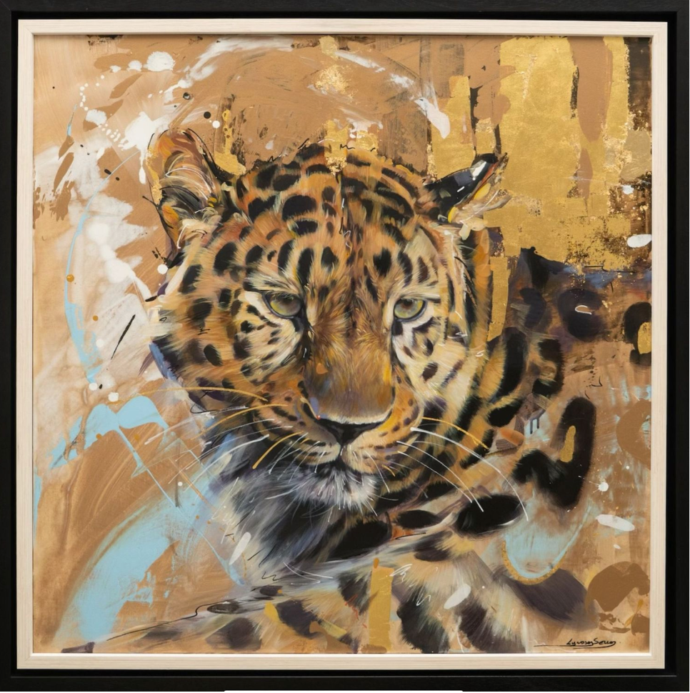 Artistic depiction of a leopard with abstract background with gold leaf