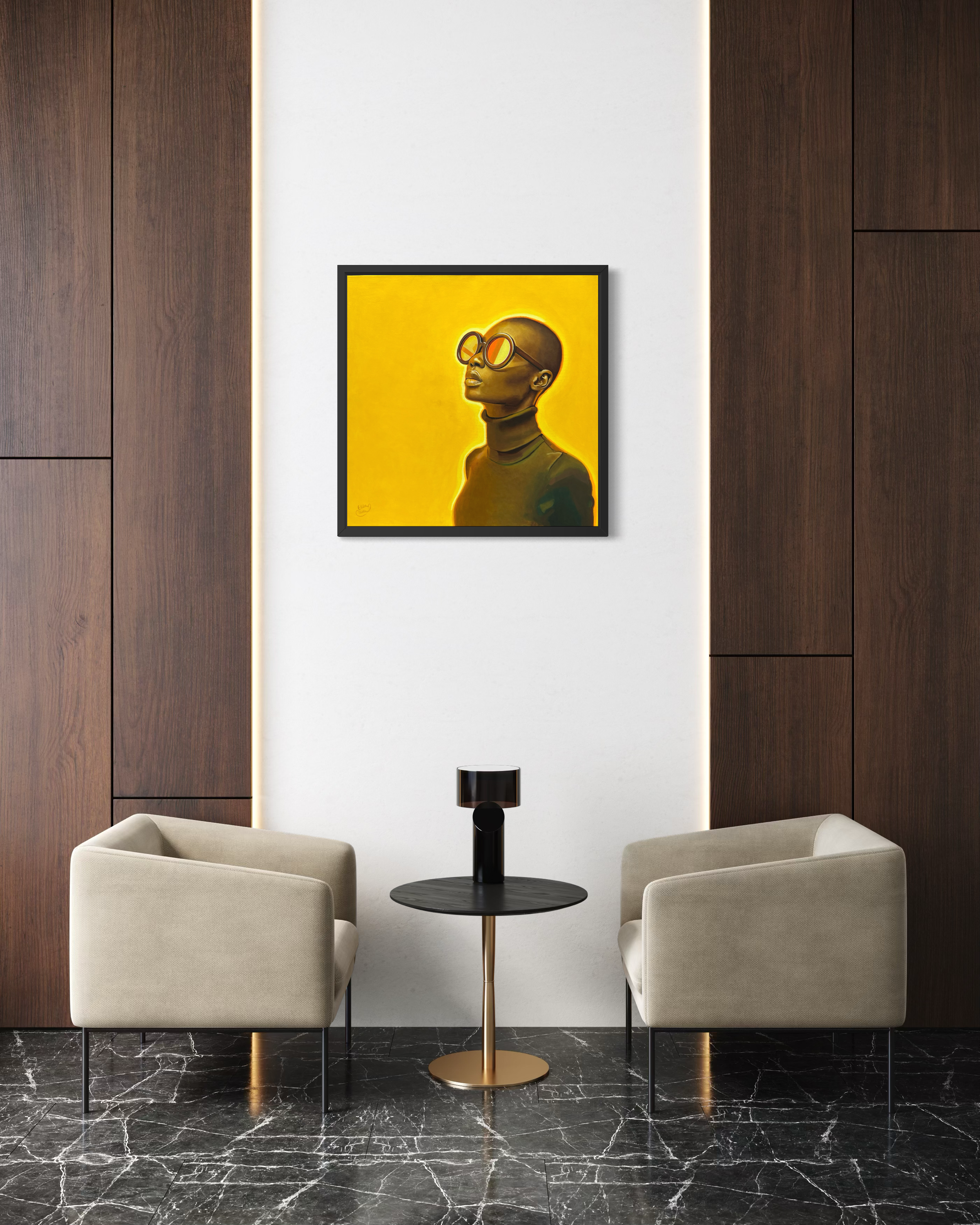 Modern interior with two chairs and a small table against a wall with a framed artwork.