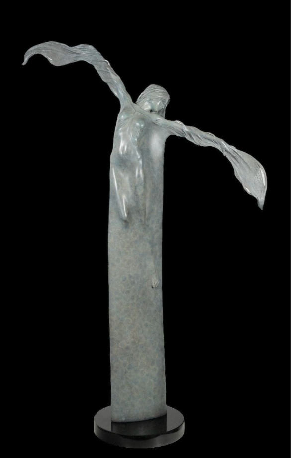 Statue of a figure with outstretched arms on a black background