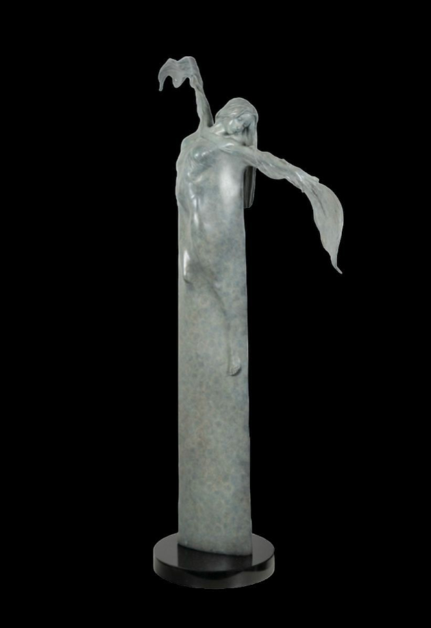 Statue of a female figure with a scythe on a black background