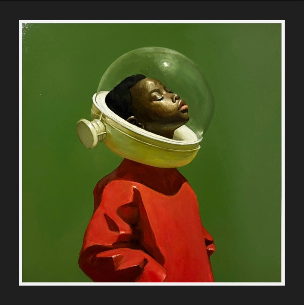 painting of a person wearing an astronaut helmet against a green background