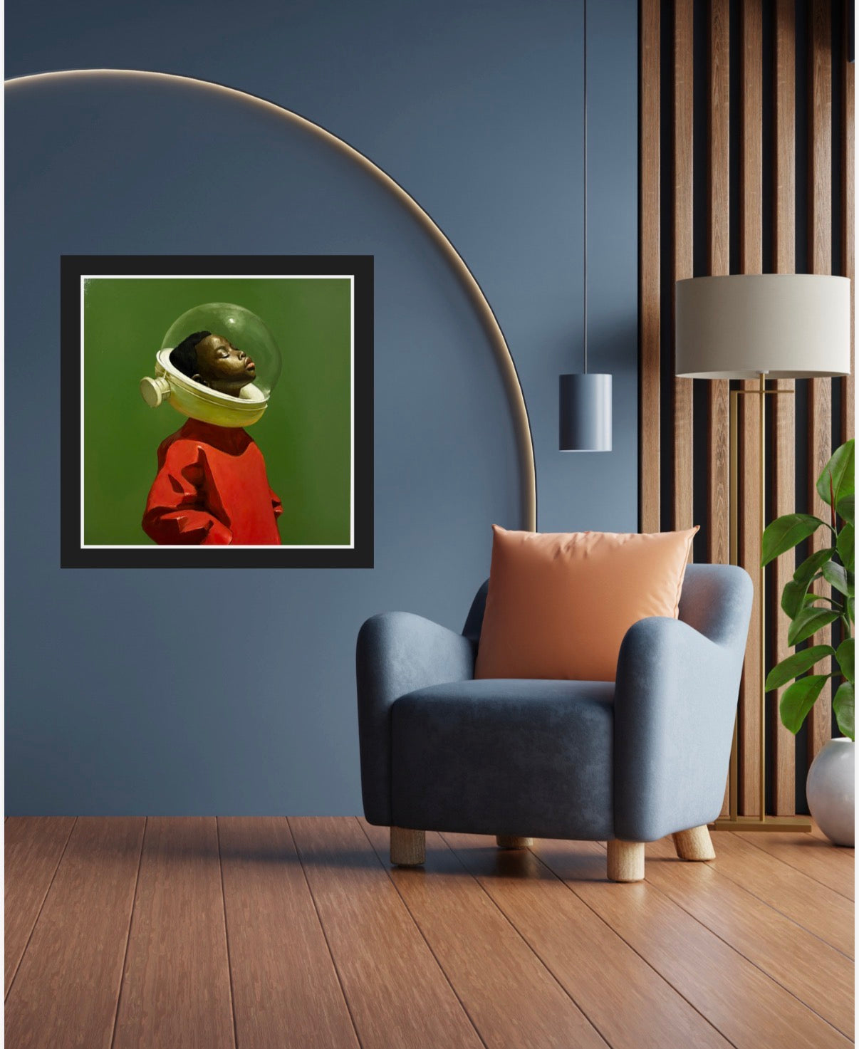 Modern interior with a blue armchair, orange pillow, and framed artwork on a blue wall.