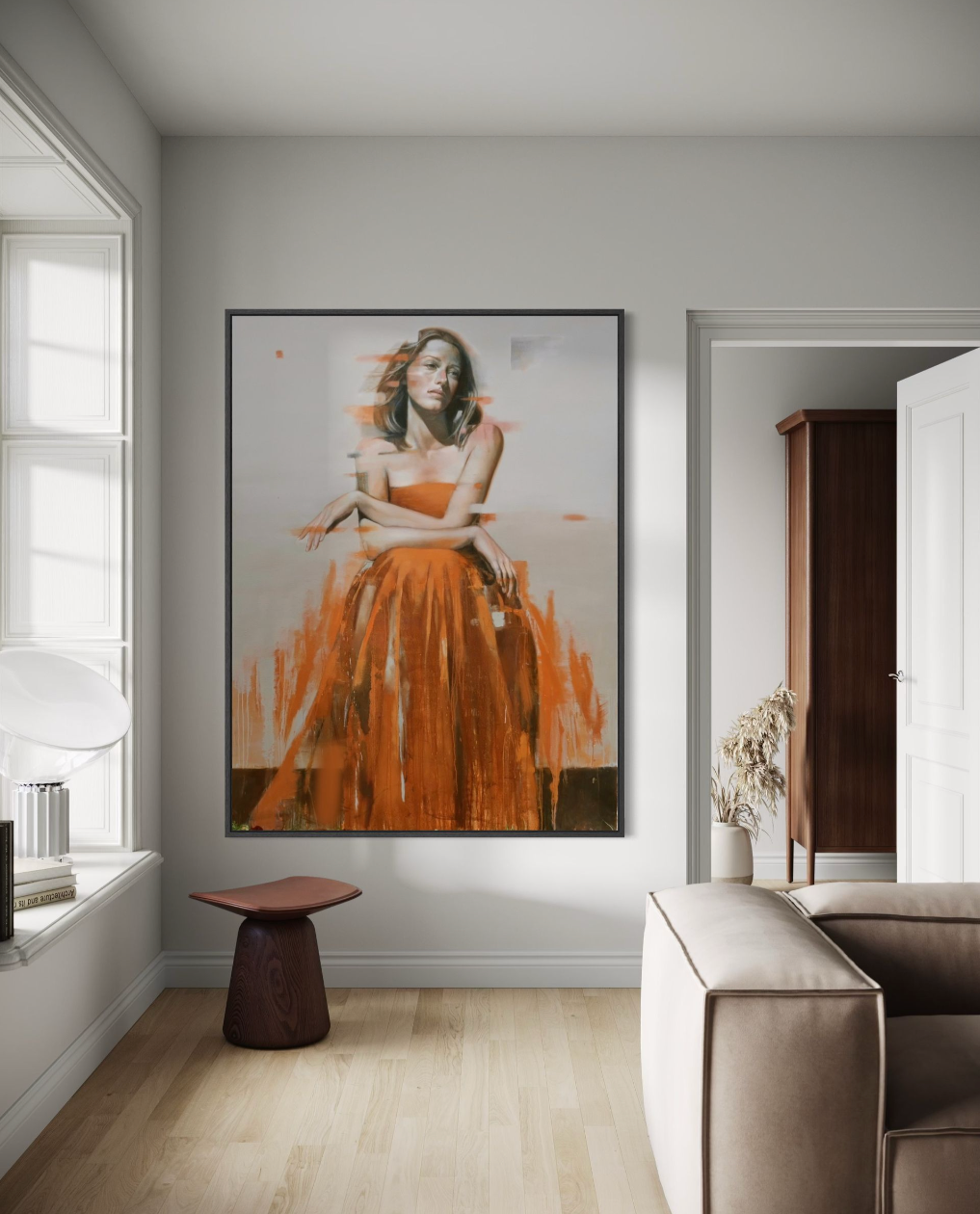 Modern interior with a large framed artwork of a woman in an orange dress on a gray wall. Contemporary Original Al Saralis