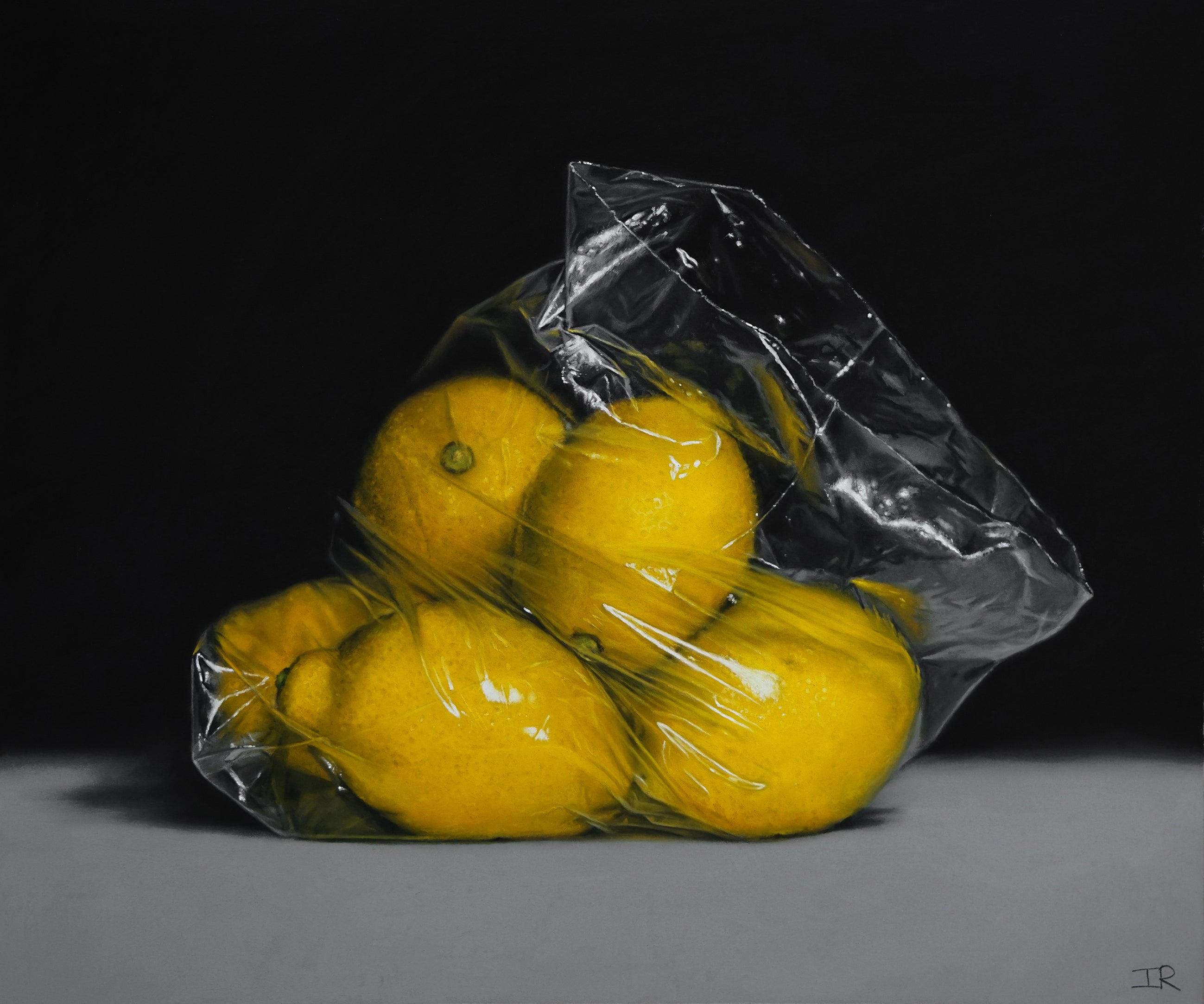 Pastel drawing Yellow lemons in clear plastic wrap on a dark background