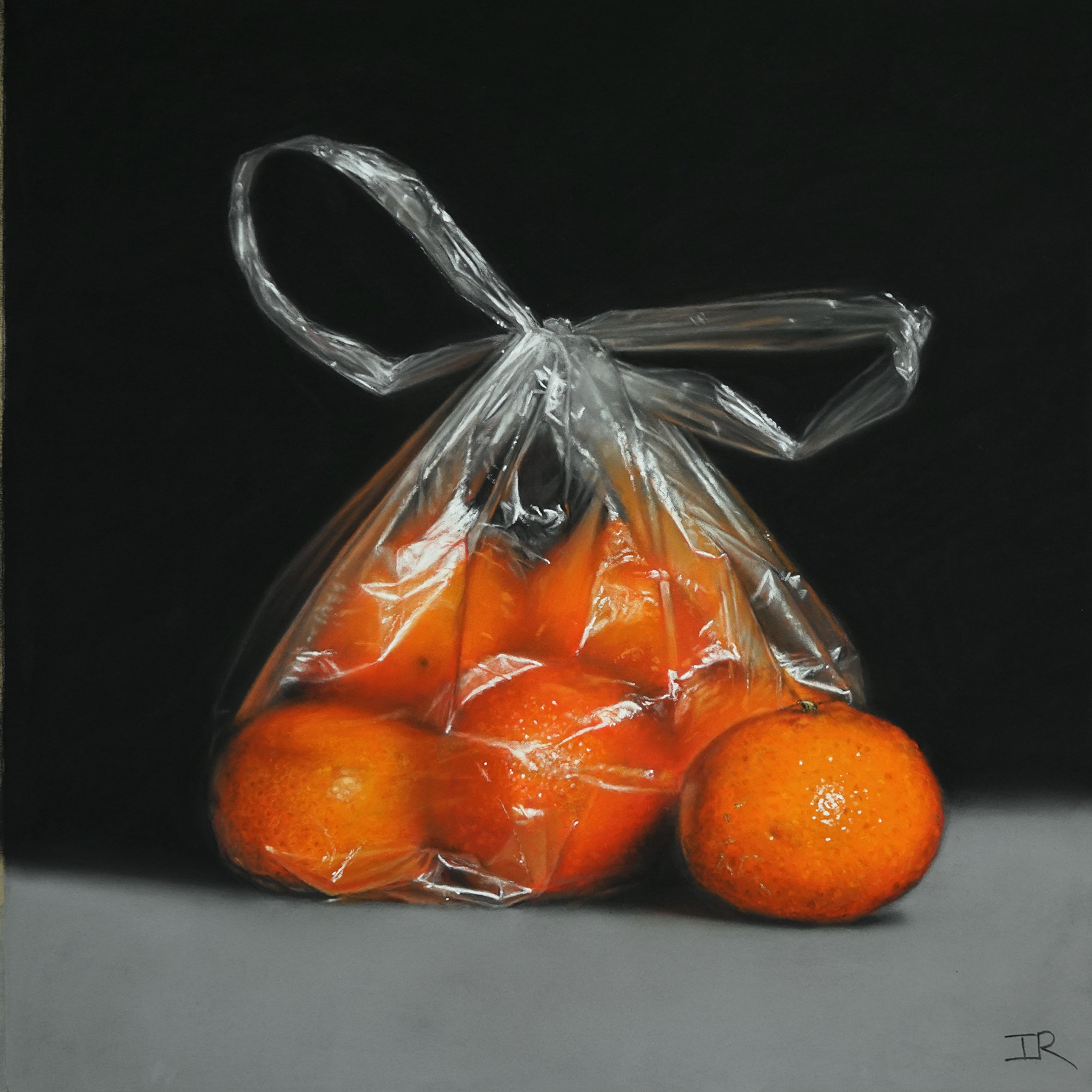Pastel drawing of Bag of oranges with a clear plastic wrap on a dark background