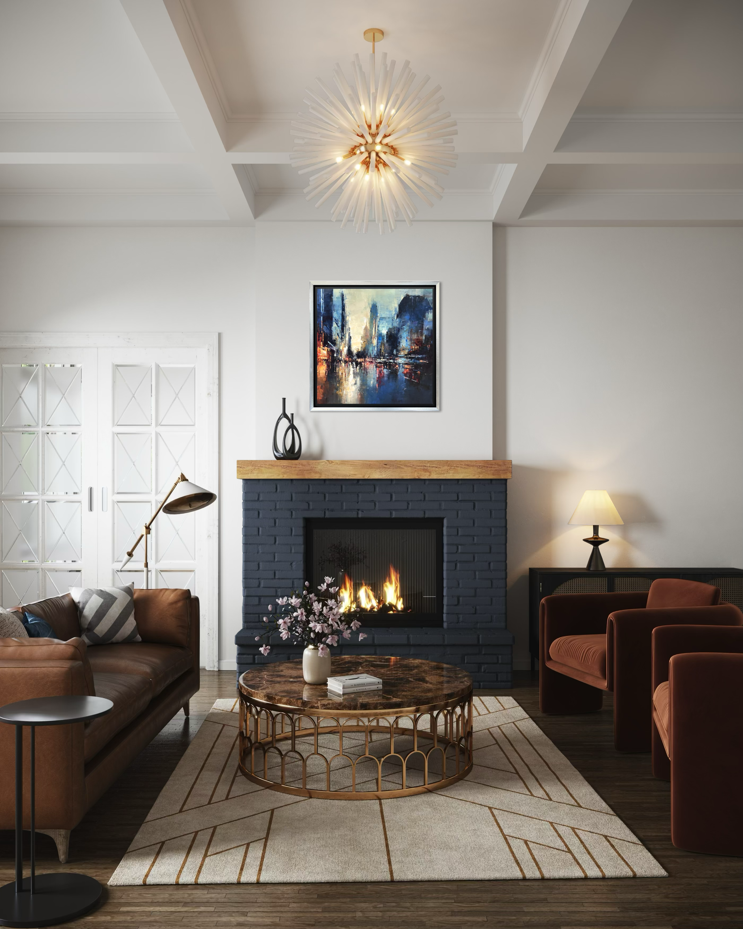 Modern living room with a fireplace, Benoit Havard artwork on the wall, and decorative items.