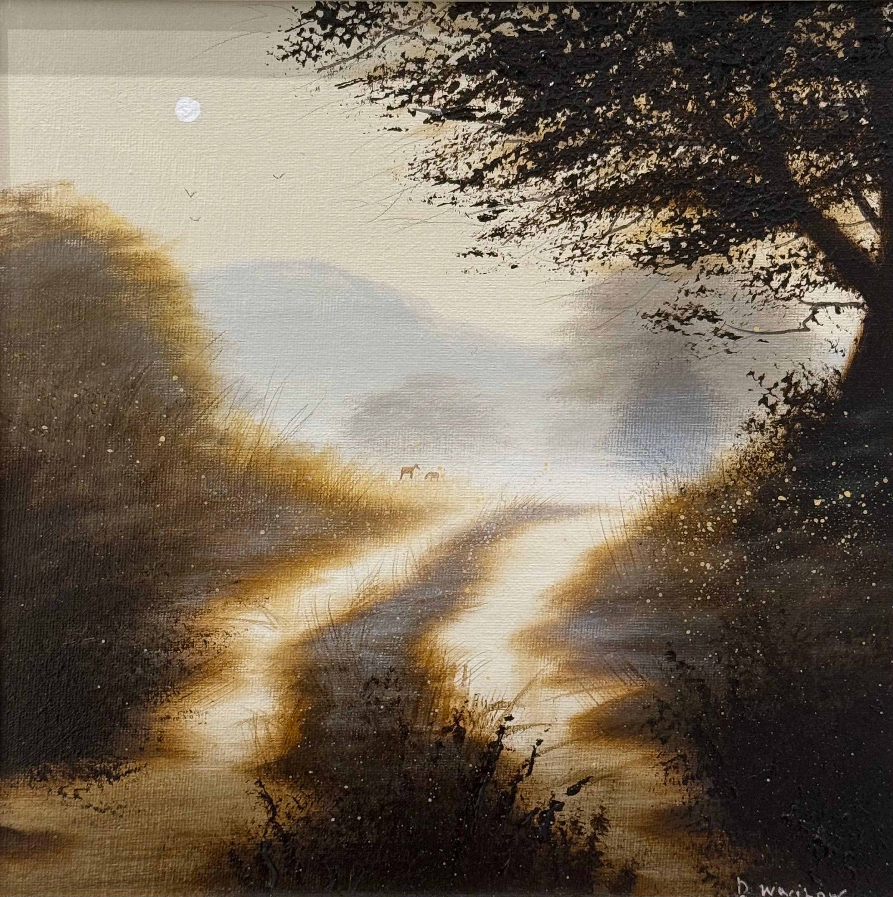 Artistic depiction of a landscape with a path, trees, and a moonlit sky.