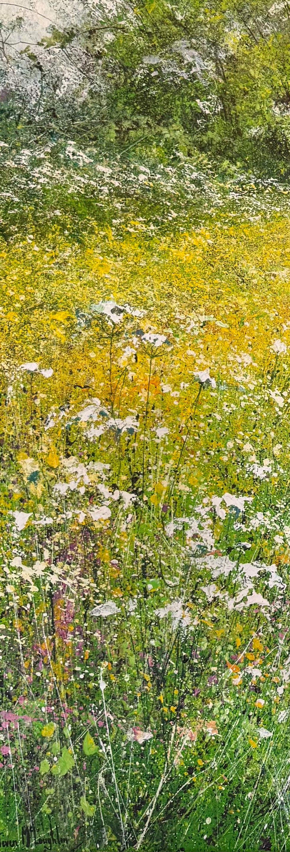Close up of the textured detail of a landscape oil and acrylic painting of a field of yellow flowers