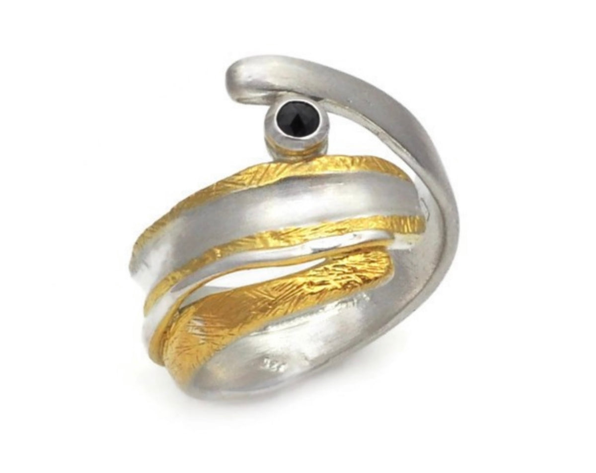 Black Diamond Ring in Sterling Silver & Gold Vermeil