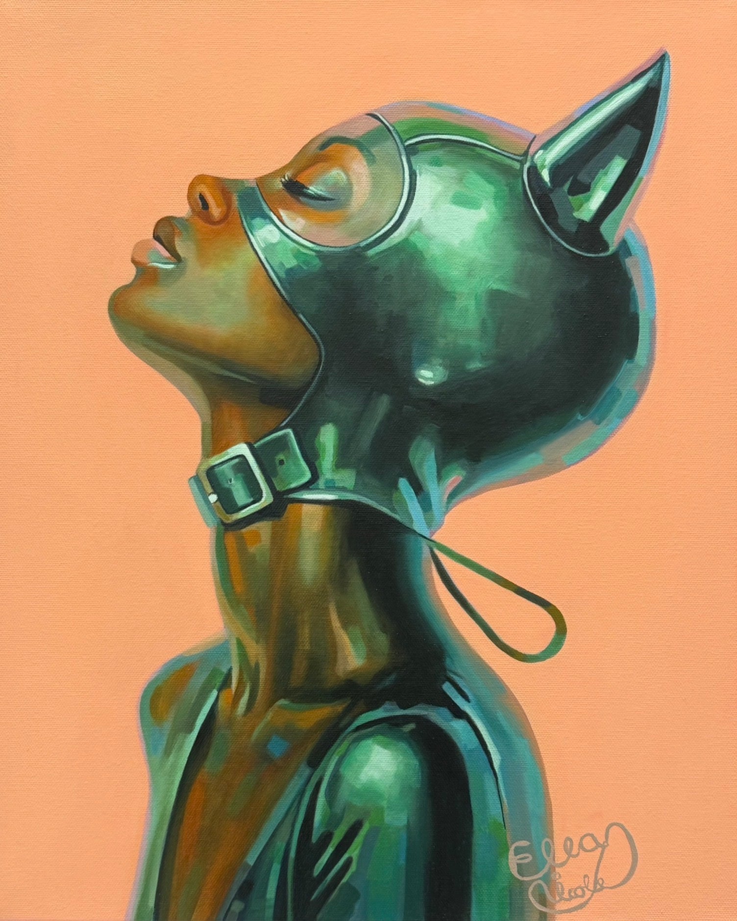 Artistic depiction of a person with cat-like features on an orange background
