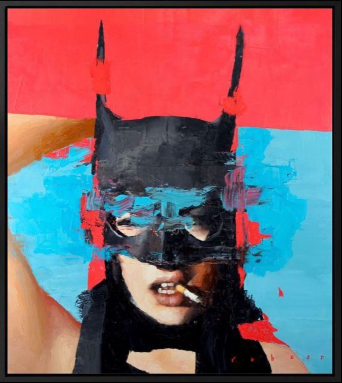 Abstract artwork with a person wearing a mask against a red and blue background