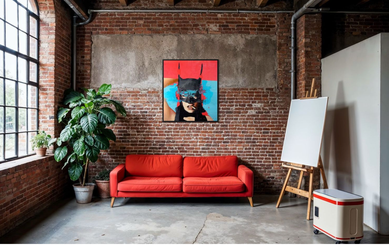 Red sofa in a room with brick walls, a painting, and a plant.