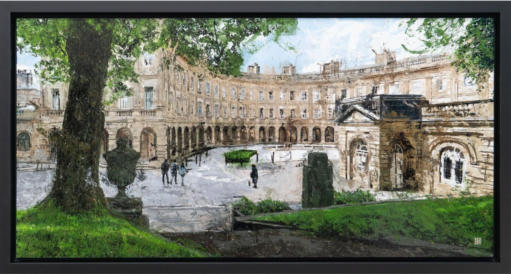Framed mixed media original of Stately building with classical architecture in a courtyard with trees and people.